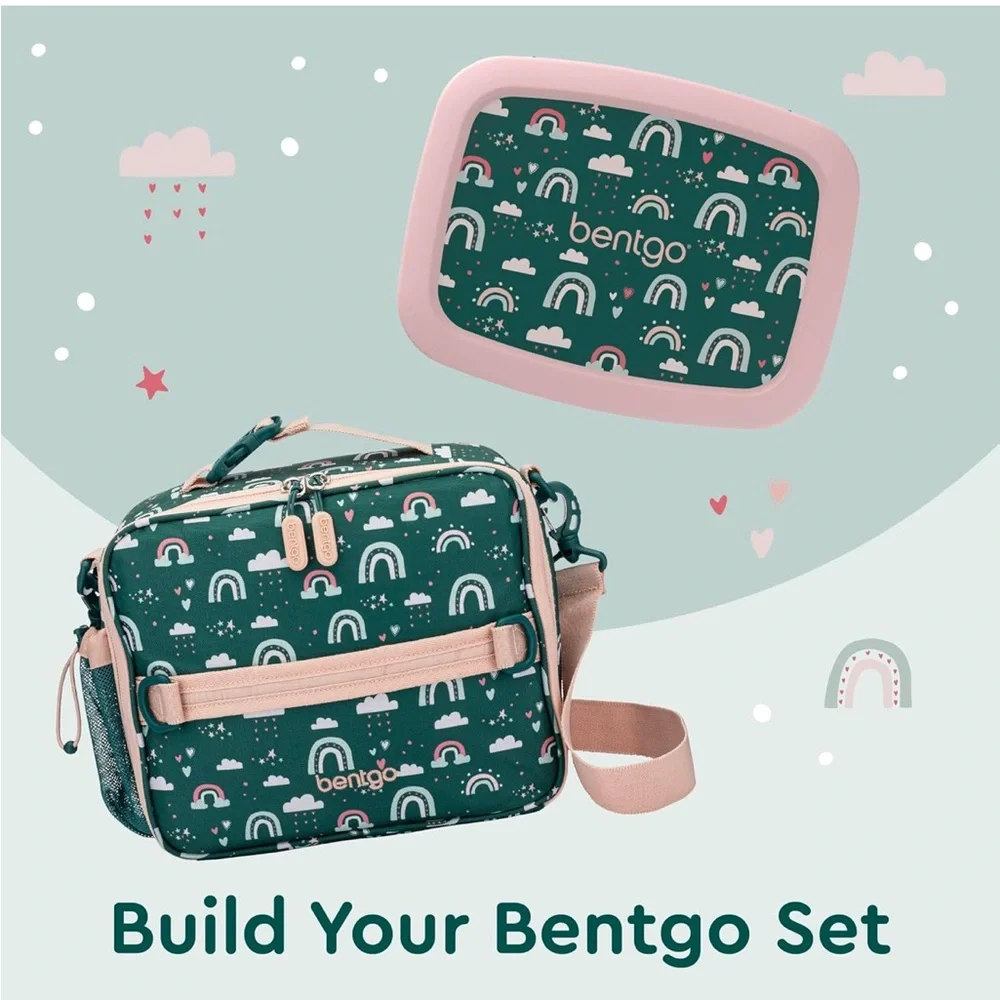 Bentgo Kids Double Insulated Lunch Bag Green Pink Rainbow Print Shoulder Strap